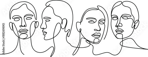 Minimal continuous line faces illustration, abstract human portrait drawing set, modern artistic line art vector isolated on white background