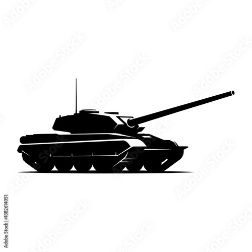 Silhouette of a military tank with its cannon extended, isolated on white background