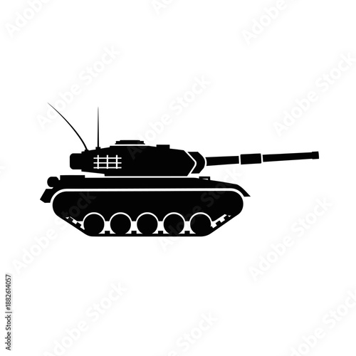 Black silhouette of a military battle tank on a white background