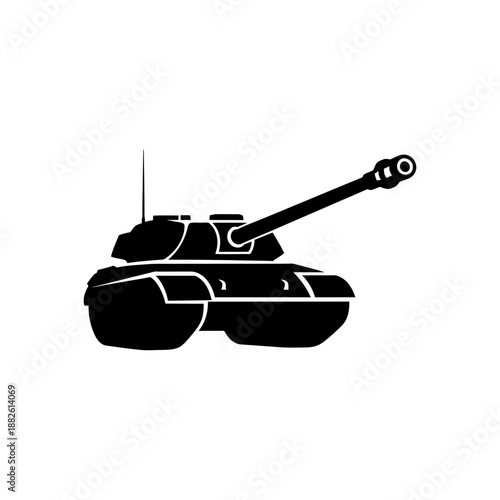 Black Silhouette of a Military Tank on a White Background