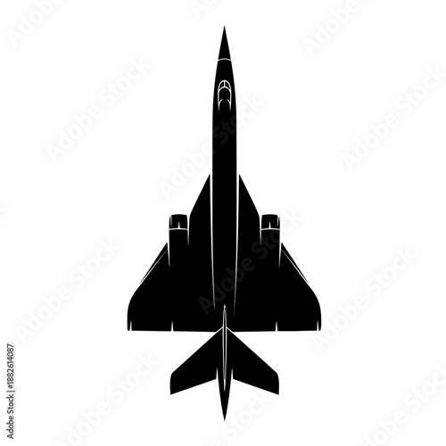 Silhouette of a supersonic jet fighter from above, isolated on white background.