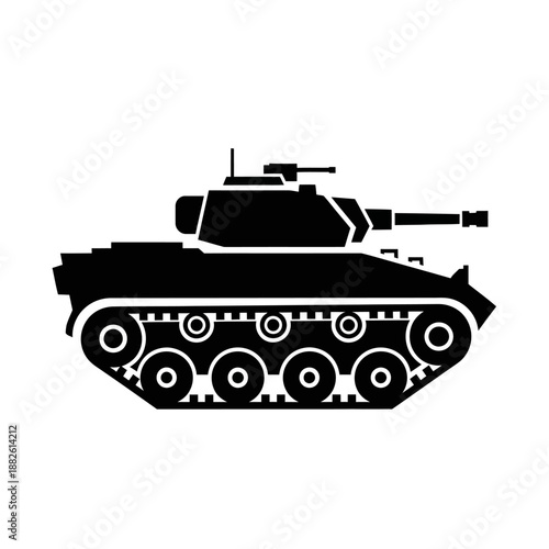 Black silhouette of a military tank with turret and cannon against a white background.