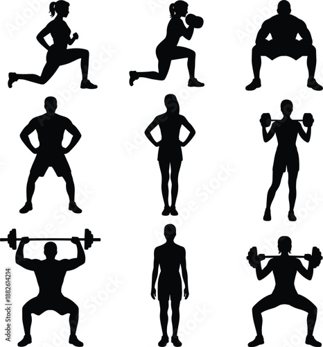 Fitness silhouette set with men and women doing lunges squats weightlifting strength training exercises isolated vector illustration