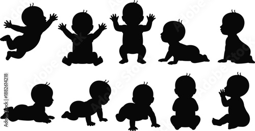 Baby silhouettes collection crawling sitting standing playing poses infants toddlers isolated white background vector illustration childhood growth development concept