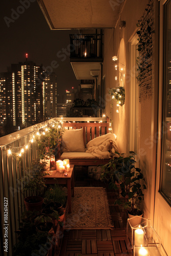 a cozy small balcony with string lights