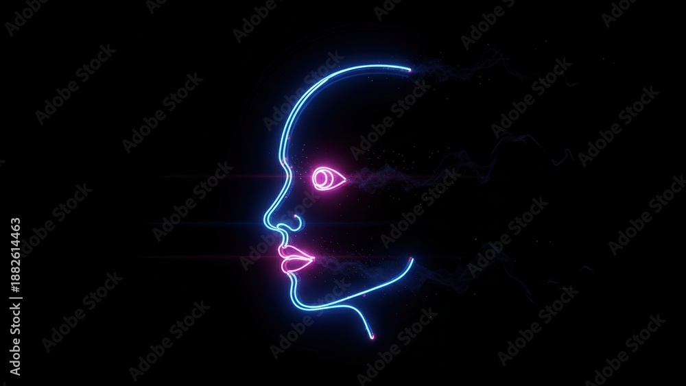 Obraz premium Vibrant neon digital human face profile illuminating the dark with technological energy and