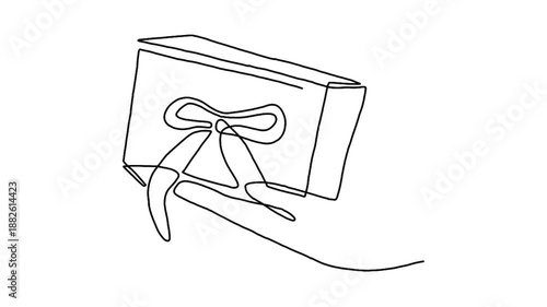 continuous line animation of hands holding kraft gift box tied with ribbon