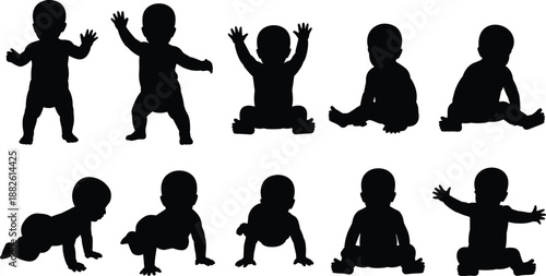 Baby silhouette set with crawling sitting standing and waving poses infants development stages isolated on white background vector illustration
