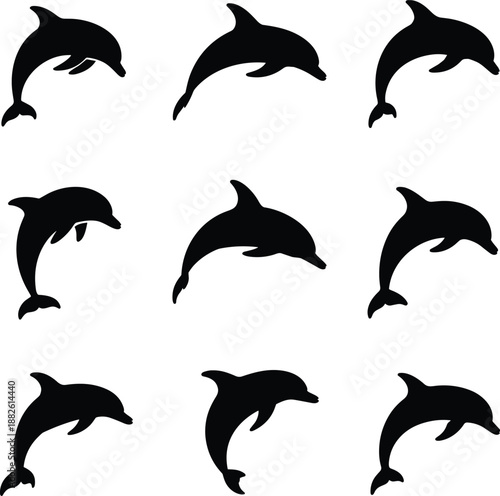 Dolphin silhouette collection showing jumping swimming marine mammals isolated on white background vector illustration set