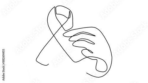 Continuous line animation of hand holding ribbon cancer care