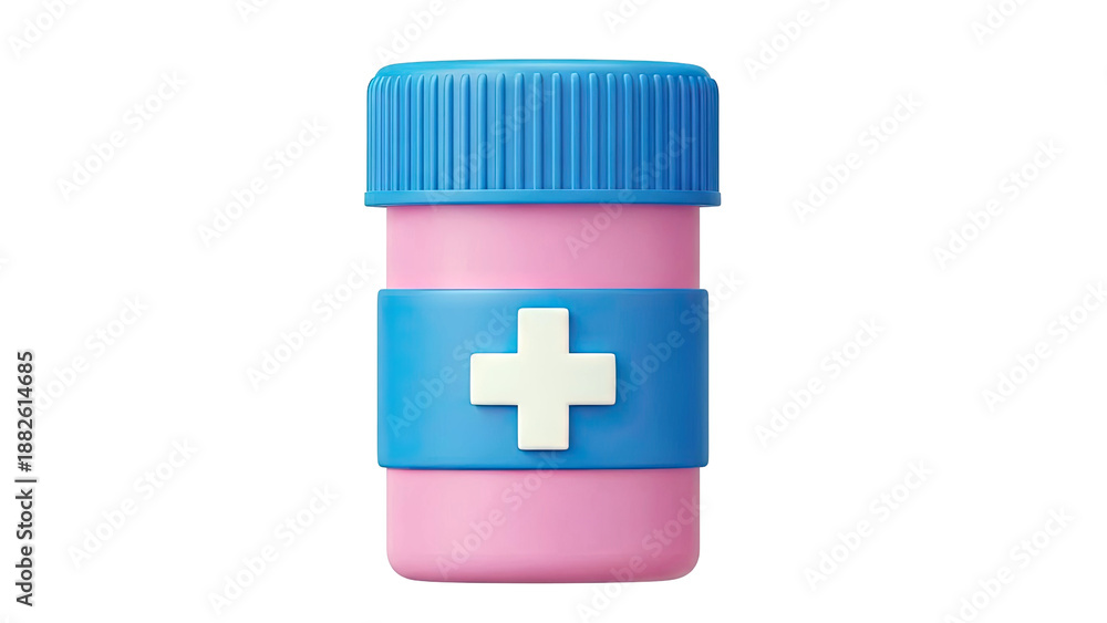 Obraz premium 3D Render of a Pink and Blue Pill Bottle with a White Cross