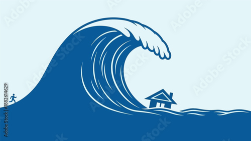 House threatened by a massive ocean wave illustration.