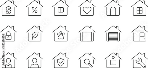 Set of House Icons with Various Features and Attributes