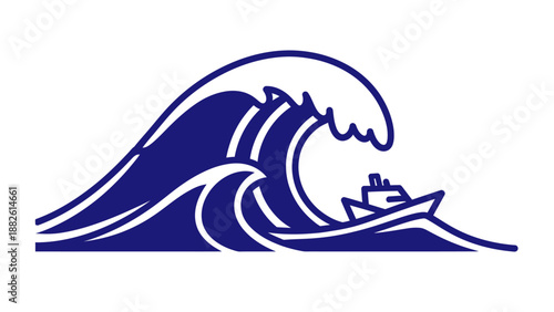 Nautical wave illustration with ship riding the surf.