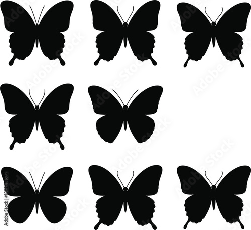 Butterfly silhouette collection black flying insect shapes isolated vector illustration elegant nature wildlife design set on white background