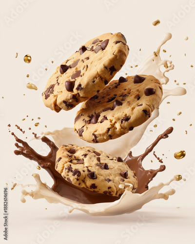 an ultra-realistic photo of cookies with chocolate chips and large milk splashes flying in the air