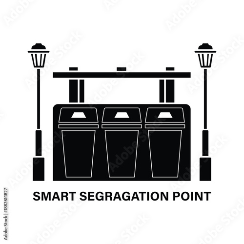 Smart waste segregation point icon with recycling bins and street lamps for sustainable urban city management