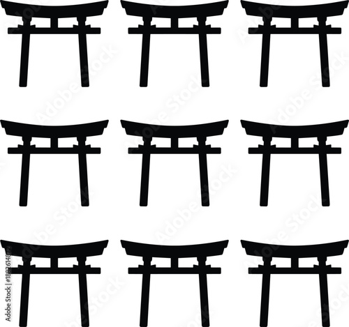 Japanese torii gate silhouette collection, traditional shrine entrance symbols, Asian culture vector illustration set isolated on white background