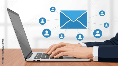 Close-up of a businessperson's hands typing on a laptop with email icons floating above on a wooden desk in a modern office