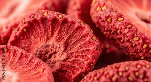Freeze-Dried Strawberries Close-Up Dehydrated Fruit Snack Healthy Food Preservation Technology Long Shelf Life Crispy Texture Sweet Treat
