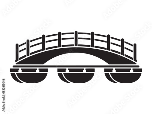 Arched infrastructure bridge on floating supports for river crossing and civil engineering construction concepts