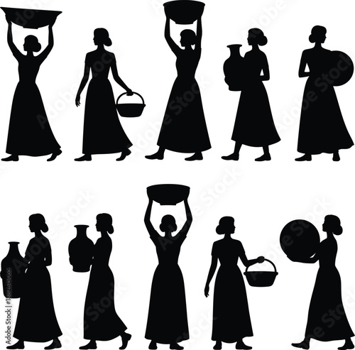 Rural women silhouettes carrying water pots baskets collection traditional female village life isolated white background vector illustration
