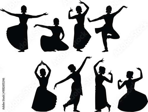 Traditional dance women silhouettes graceful poses collection cultural female dancers isolated white background vector illustration performance art