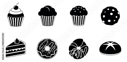 Minimalist black icon bakery and dessert set featuring cupcakes, a donut, a cake slice, a cookie, a croissant, and a bread bun for sweet food illustrations