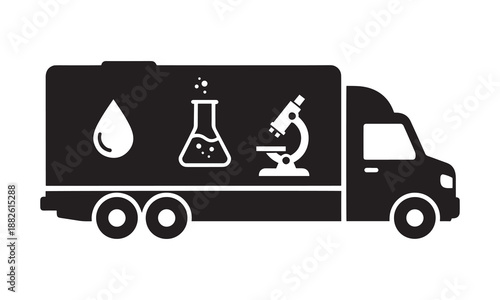 Mobile laboratory truck for scientific research and medical testing featuring microscope and chemistry icons