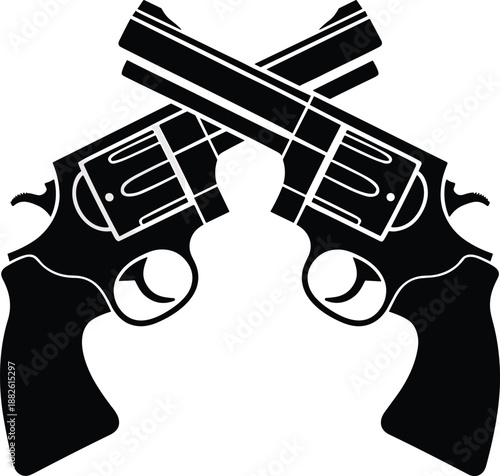 Crossed revolvers silhouette, black and white gun icon, Western weapon symbol, vintage firearm illustration, conflict concept, outlaw theme, defense art