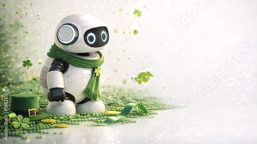 Cute robot with green clovers and shamrocks, Saint Patrick celebration theme with spring atmosphere, Irish symbolism, luck and festive fantasy mood. Copy space for text