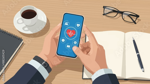 Overhead view of a man's hands holding a smartphone with a heart rate app on the screen, surrounded by office supplies on a wooden desk.