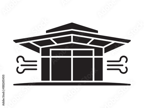 Industrial warehouse building with ventilation arrows for temperature control and HVAC cooling system