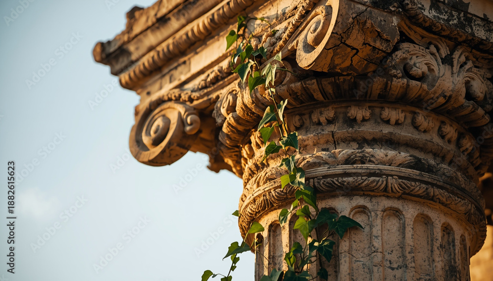 Fototapeta premium Ancient Column Capital Adorned with Ivy, Bathed in Golden Sunlight Against a Clear Sky