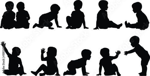 Baby silhouettes collection crawling sitting playing poses toddler child isolated white background vector illustration childhood development concept