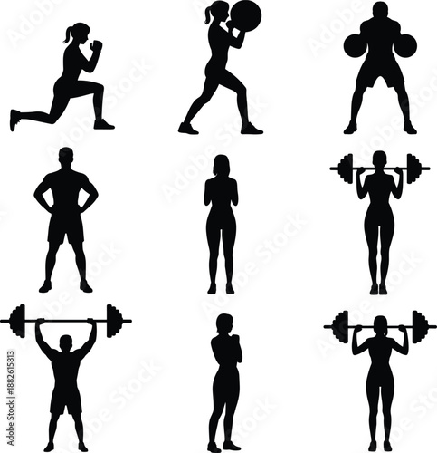 Fitness silhouette collection with men and women exercising weightlifting lunges strength training isolated on white background vector set