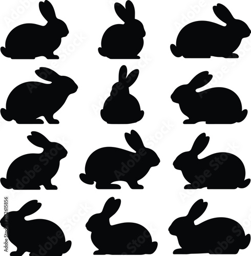 Rabbit silhouettes set collection, black bunny different poses isolated white background vector illustration animal wildlife design