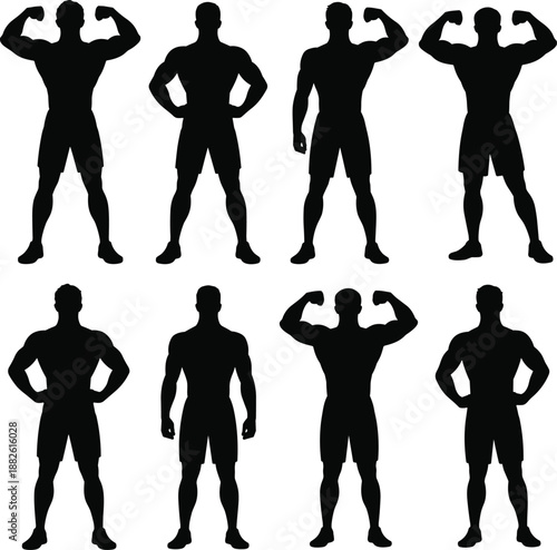 Muscular men silhouettes bodybuilding poses collection strong male fitness figures isolated white background vector illustration strength concept
