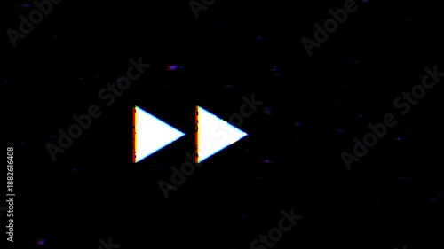 Retro rewind icon animation on glitchy VHS static background, 4K