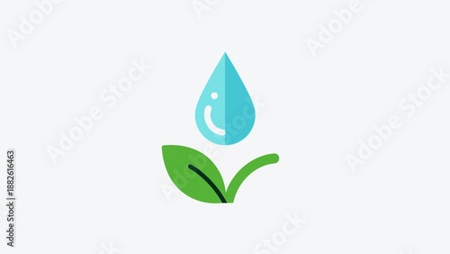 Simple illustration of a water droplet and leaves symbolizing eco-friendliness and hydration.
