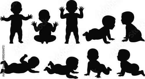 Baby silhouettes collection crawling sitting standing playing poses infants toddlers isolated white background vector illustration childhood growth development concept
