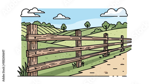 Rustic wooden fence in a serene countryside landscape.