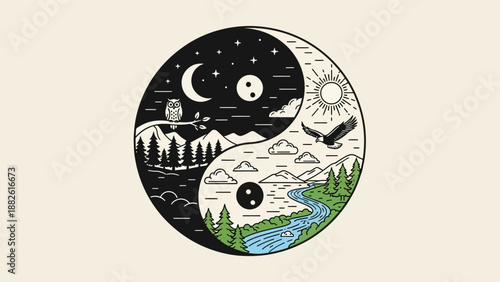 Yin Yang Symbol with Day and Night Landscapes.