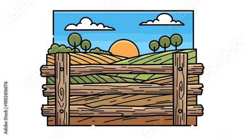 Rustic wooden fence with rural landscape at sunset.