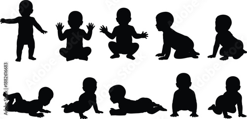 Baby silhouette set showing standing sitting squatting crawling and playing poses infant development stages isolated on white background vector