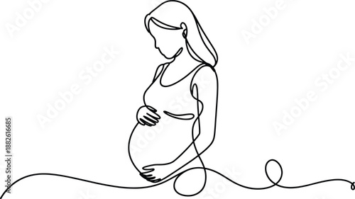 Pregnant woman line art, minimalist silhouette, motherhood concept, elegant profile, prenatal care, maternity pose, expecting mother, artistic drawing, life beginning, female form