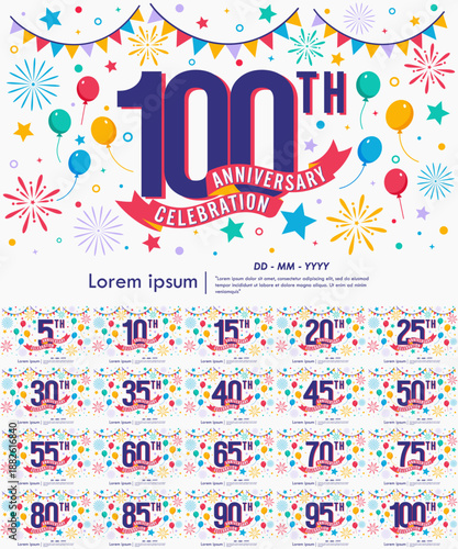 Set of anniversary celebration emblem logo isolated with balloons, bunting flag, ribbon, fireworks and stars. vector illustration template design