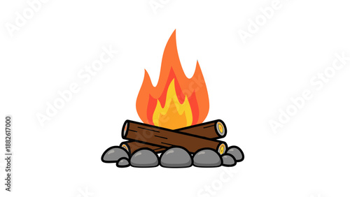 Illustration of a campfire with burning logs on rocks.
