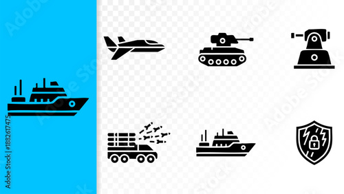 Set of 6 Minimal Autonomous Warfare Icons Isolated White Background UCAV UGV Turret