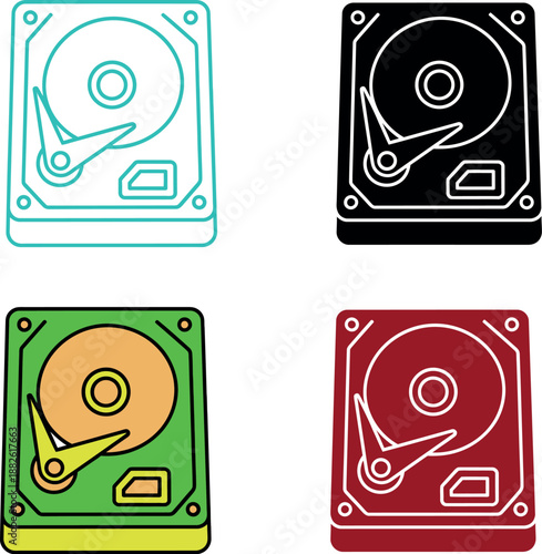 Four colorful hard drive with white outlines and circular disks inside disk drive storage